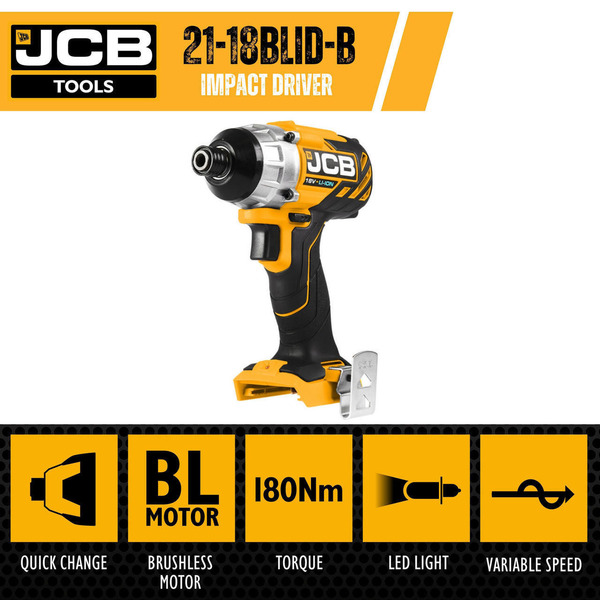 JCB 18V Brushless Impact Driver,180Nm, 2.0Ah-5.0Ah Li-Ion Batteries, 1/4 Hex Quick Release Chuck | 21-18BLID-B, Bare Unit + 5.0Ah Battery