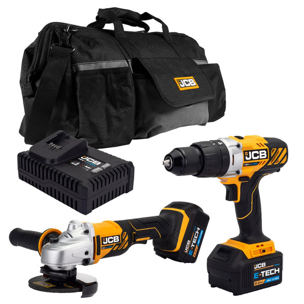 JCB 18V Combi Drill Angle Grinder Kit 2x 5.0ah Lithium-Ion Batteries and super fast charger in 20 kit bag | 21-18AGCD-5