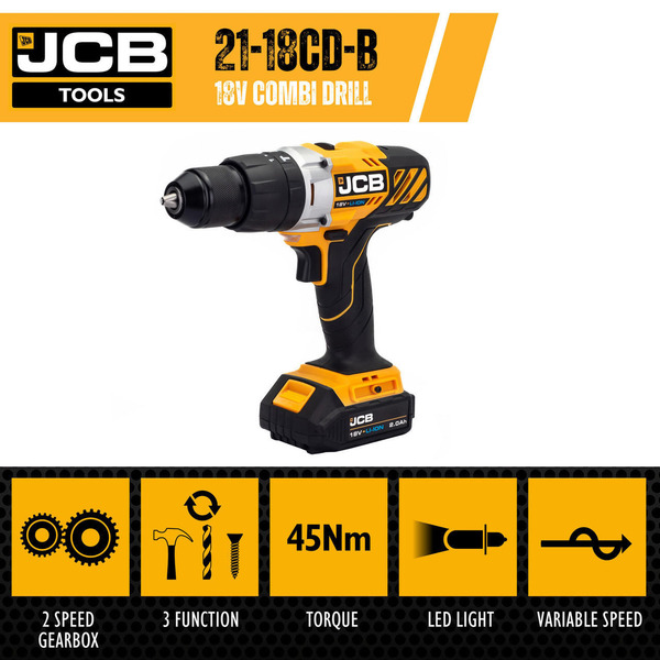 JCB 18V COMBI DRILL - JCB 18V Combi Drill 1x 2.0Ah 2.4A Charger | JCB-18CD-2XB