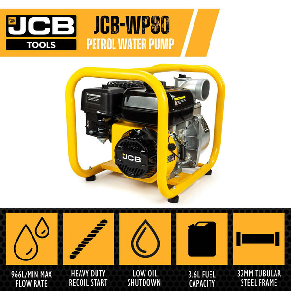 JCB 80mm 3'' Professional Petrol Water Pump 7.5hp 244cc 4-Stroke | JCB-WP80