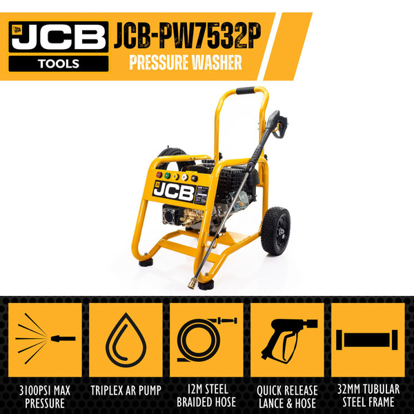 JCB Petrol Pressure Washer 3100psi / 213bar, Annovi Reverberi Triplex AR pum, 10.7L/min Flow Rate, 224cc JCB Engine | JCB-PW7532P