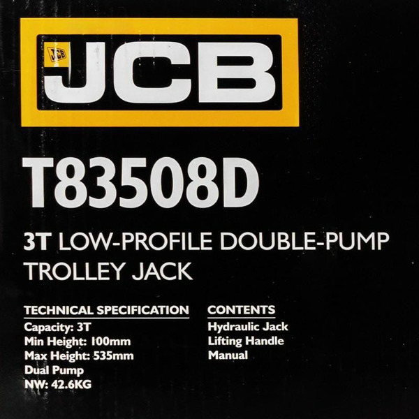 JCB 3 Tonne Hydraulic Trolley Jack, low-Profile, 98-535 mm Lift, Double Pump | JCB-T83508D
