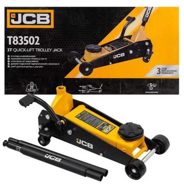 JCB 3 Tonne Hydraulic Trolley Jack, Quick Lift Pedal, 500mm Max Height, and Rubber Pad for Vehicle Protection | JCB-T83502