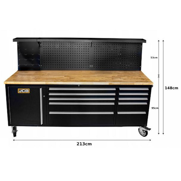 JCB Workshop Table Trolley and Tool Cabinet, 10 Drawers, 13 Hooks, Caster Mounted | JCB-01Y0109