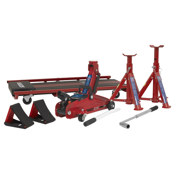 Sealey JKIT01 Lifting Kit (Inc Jack, Axle Stands, Creeper, Chocks & Wrench) 2 Tonne 5pc
