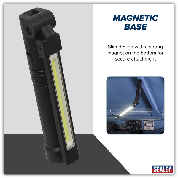 Sealey LED02G Rechargeable Aluminium Folding Pocket Light 2 COB & 1 SMD LED