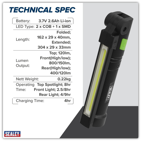 Sealey LED02G Rechargeable Aluminium Folding Pocket Light 2 COB & 1 SMD LED