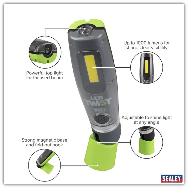 Sealey LED1001G LED Twist® Rechargeable Inspection Light 8W COB & 1W SMD