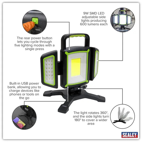 Sealey LED18WFL Rechargeable Flexible Floodlight 18W COB & 9W SMD LED