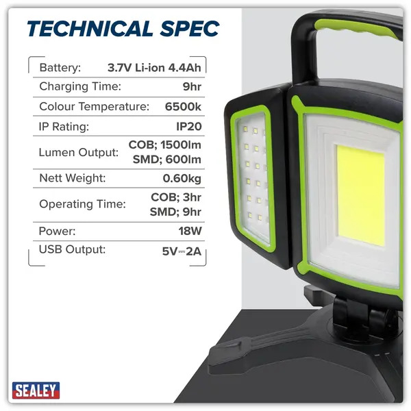 Sealey LED18WFL Rechargeable Flexible Floodlight 18W COB & 9W SMD LED