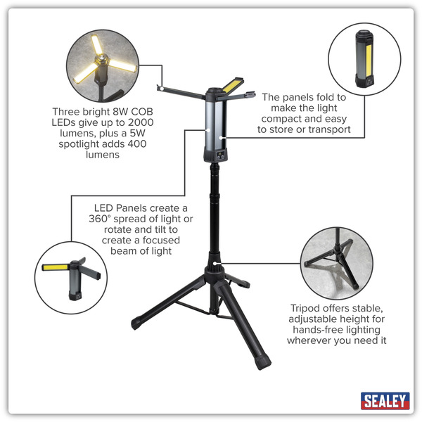 Sealey LED240 Rechargeable Flexible Floodlight with Tripod 24W COB LED & 5W SMD LED