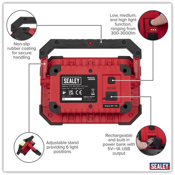 Sealey LED3000 Rechargeable Portable Floodlight & Power Bank 30W COB LED