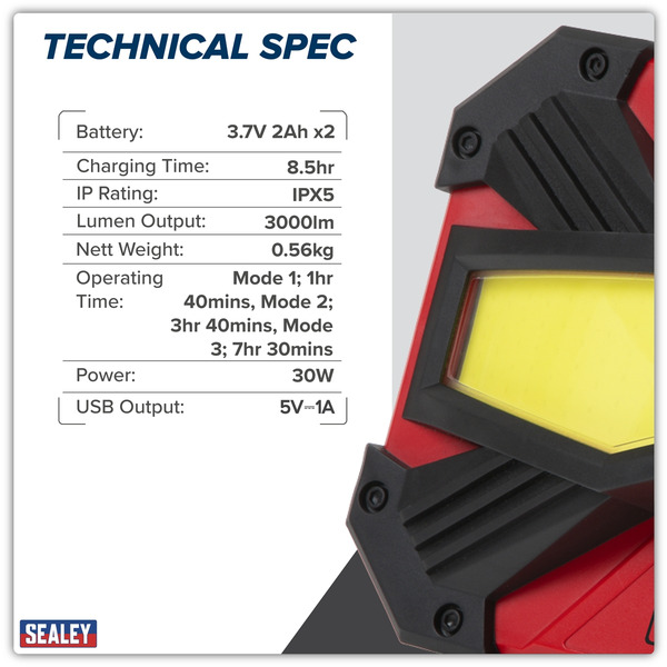 Sealey LED3000 Rechargeable Portable Floodlight & Power Bank 30W COB LED