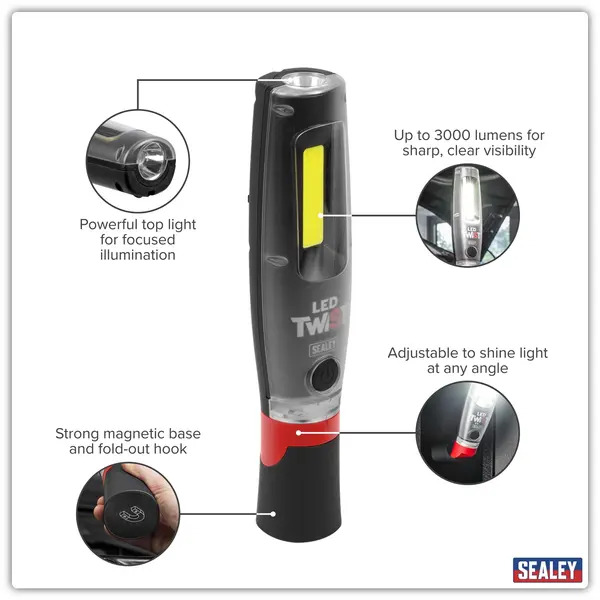 Sealey LED3001 Rechargeable LED Twist® Inspection Light 20W COB & 3W SMD, 3000lm, Magnetic Base & Power Bank