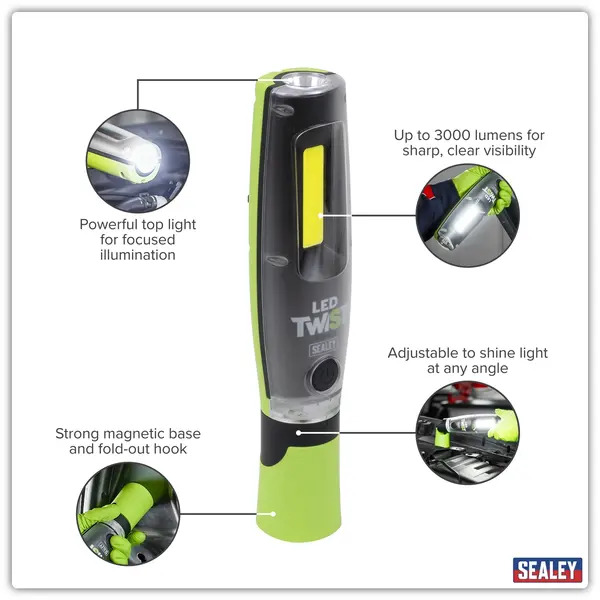 Sealey LED3001G Rechargeable LED Twist&reg; Inspection Light 20W COB + 3W SMD, 3000lm, Magnetic Base & Power Bank