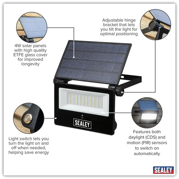 Sealey LED30S Extra-Slim Solar Floodlight with Wall Bracket 30W SMD LED