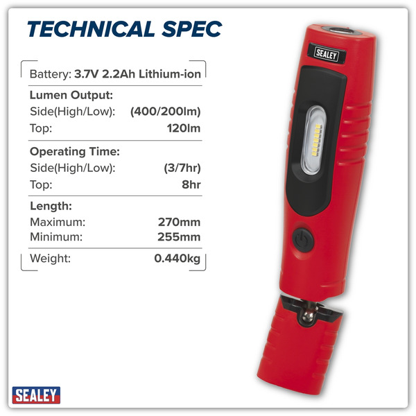 Sealey LED3602R Rechargeable 360� Inspection Light 4W & 3W SMD LED - Red
