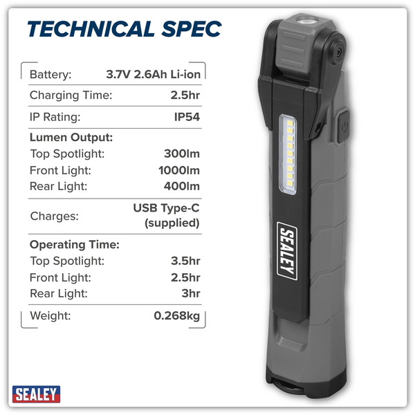 Sealey LED3605GR Rechargeable 360� Inspection Light 10W & 2 x 4W SMD LED - Grey