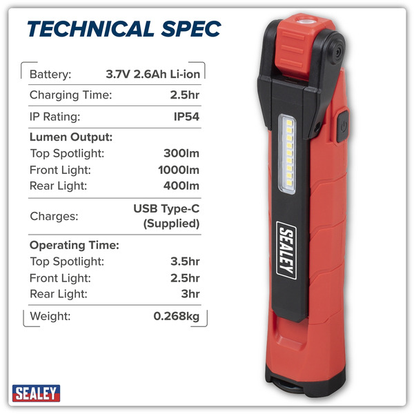 Sealey LED3605R Rechargeable 360� Inspection Light 10W & 2 x 4W SMD LED - Red