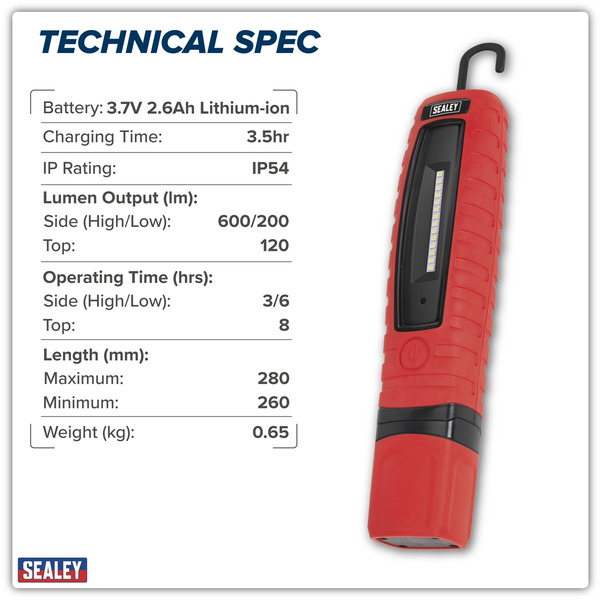 Sealey LED360R Rechargeable 360� Inspection Light 8W & 3W SMD LED - Red