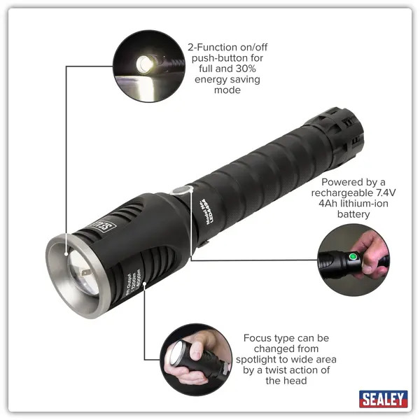 Sealey LED4494 Rechargeable Aluminium Torch with Adjustable Focus 60W COB LED