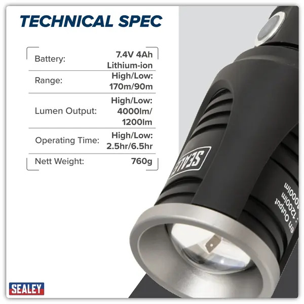 Sealey LED4494 Rechargeable Aluminium Torch with Adjustable Focus 60W COB LED