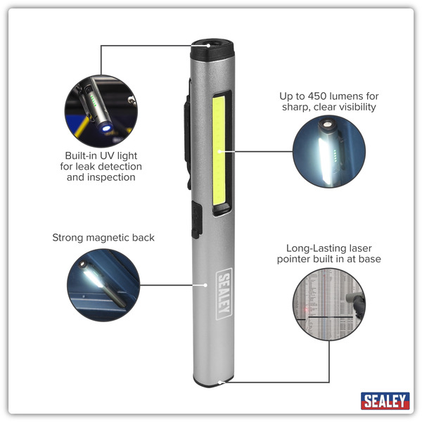 Sealey LED450UV Rechargeable UV Penlight Torch with Laser Pointer 5W COB & 3W SMD LED