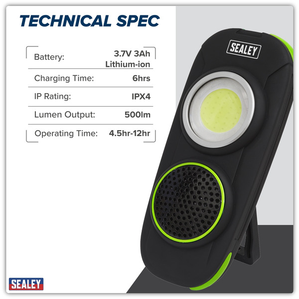 Sealey LED50WSDB Rechargeable Torch with Wireless Speaker 10W COB LED - Display Box of 10