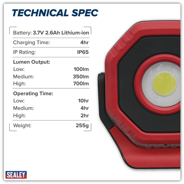 Sealey LED700PR Rechargeable 360 Pocket Floodlight with Magnet 7W COB LED - Red