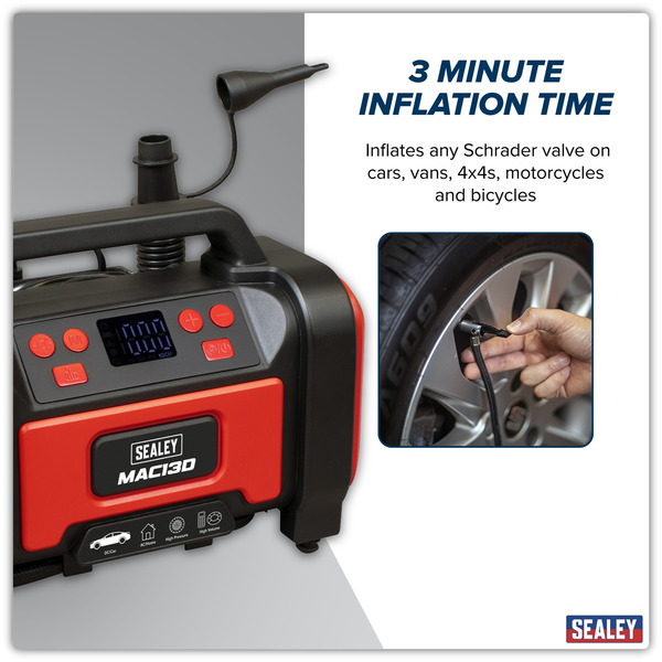 Sealey MAC13D Tyre Inflator & High-Volume Air Pump 12V/230V AC