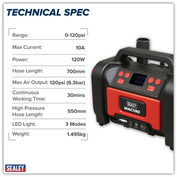 Sealey MAC13D Tyre Inflator & High-Volume Air Pump 12V/230V AC