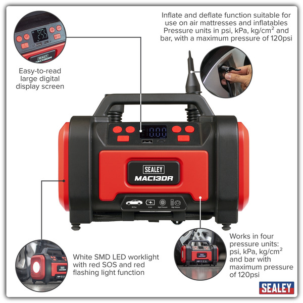 Sealey MAC13DR Rechargeable Tyre Inflator & High Volume Air Pump 12V