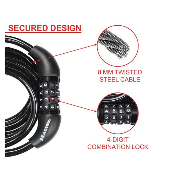 MLK8221E Master Lock Self Coiling Combination Cable 1.8m x 8mm