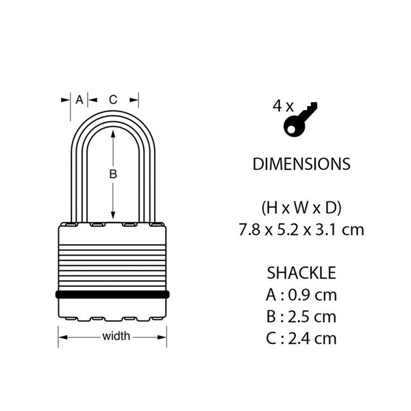 MLKM5 Master Lock Excell™ Laminated Steel 50mm Padlock 4-Pin - 25mm Shackle