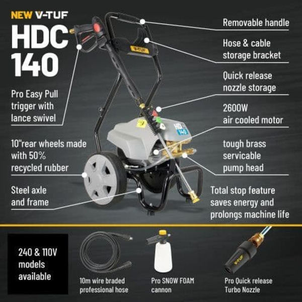 V-TUF HDC140 - 110v Professional Cold Electric Site Pressure Washer with cage frame - 1750psi, 100Bar, 8L/min