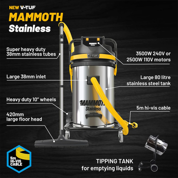 V-TUF MAMMOTH STAINLESS 110Volt 2500W MOTOR POWER, 80 Litre Wet & Dry vacuum cleaner