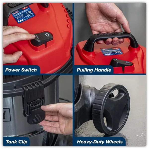 Sealey PC200SD 20L Vacuum Cleaner Wet & Dry Stainless Drum 1250W/230V