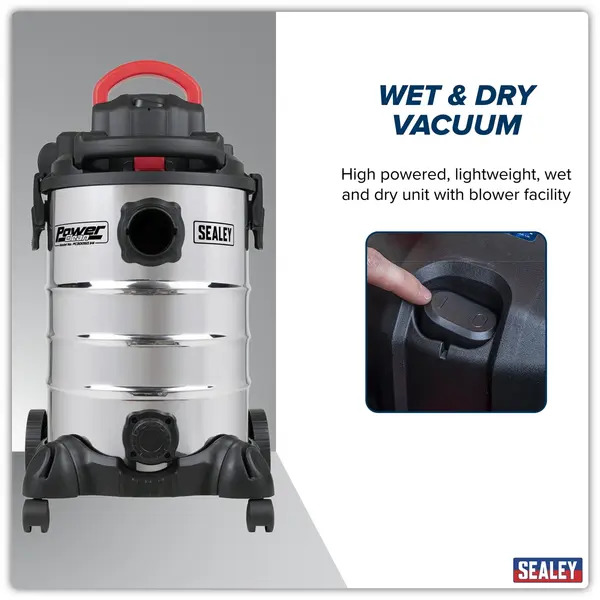 Sealey PC300SD 30L Vacuum Cleaner Wet & Dry Stainless Steel Drum & Detachable Leaf Blower 1200W/230V