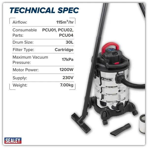 Sealey PC300SD 30L Vacuum Cleaner Wet & Dry Stainless Steel Drum & Detachable Leaf Blower 1200W/230V