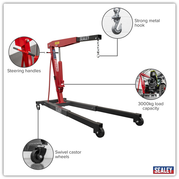 Sealey PH30 Fixed Frame Engine Crane with Extendable Legs 3 Tonne
