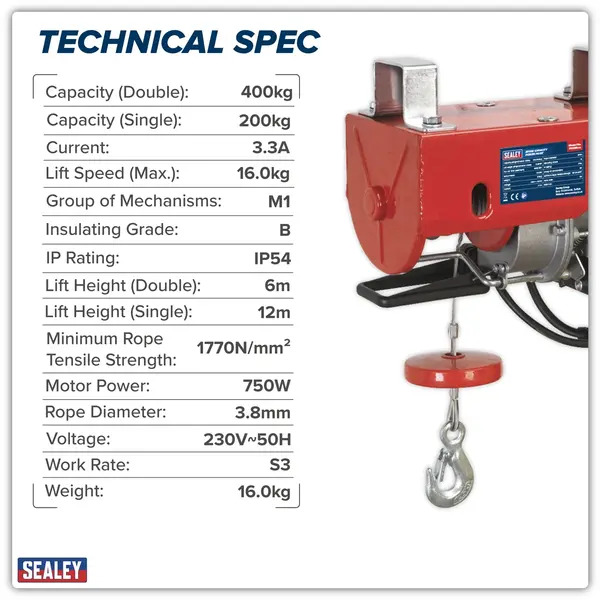Sealey PH400 Power Hoist 400kg Capacity 230V