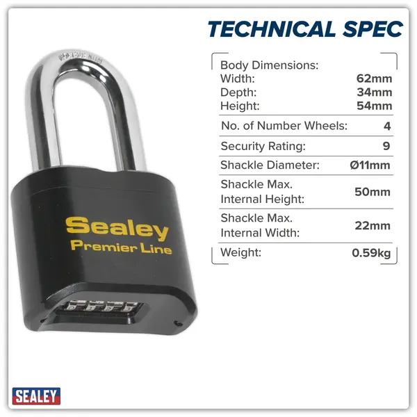 Sealey PL603L Premier&trade; Steel Body Combination Padlock Long Shackle 62mm