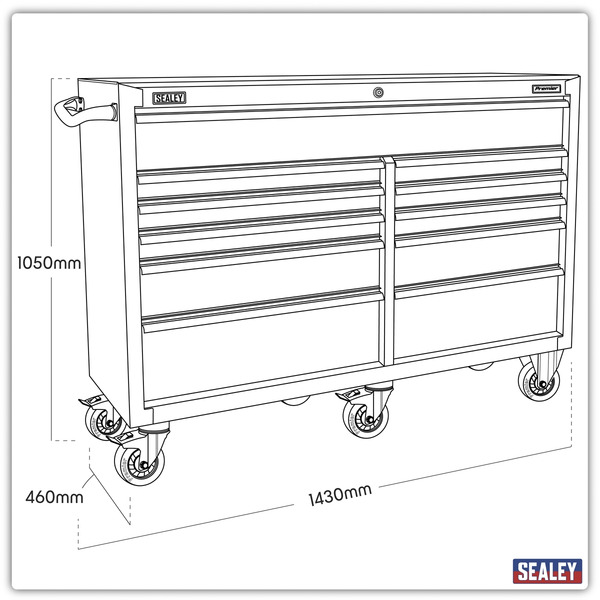 Sealey PTB143011 Premier™ Heavy-Duty Extra-Wide Rollcab 11 Drawer 1430mm - Black
