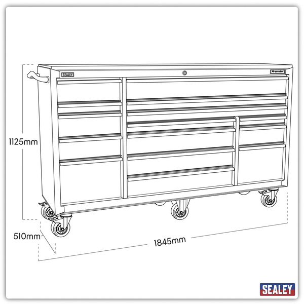 Sealey PTB183015 Premier™ Heavy-Duty Extra-Wide Rollcab 15 Drawer 1845mm - Black