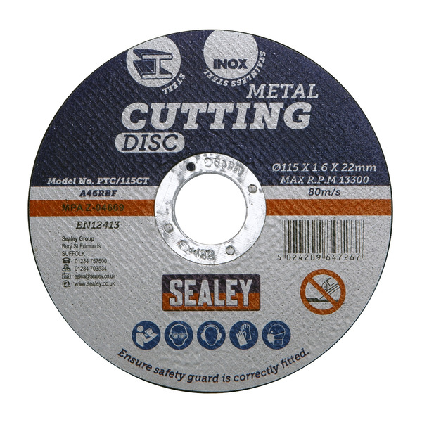 Sealey PTC/115CT50 115 x 1.6mm Cutting Disc 22mm Bore - Pack of 50