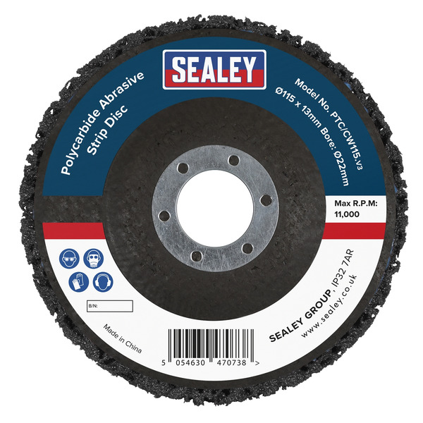 Sealey PTC/CW115DB 115 x 13mm Black Polycarbide Abrasive Strip Disc 22mm Bore - Display Box of 10