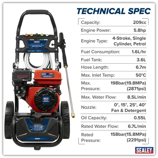 Sealey PWM2500SP Self-Priming Pressure Washer 198bar 5.8hp - Petrol