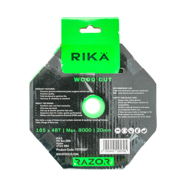 Rika TCTR007 Razor Pro TCT Plunge Saw Blade 165mm x 48T x 20mm