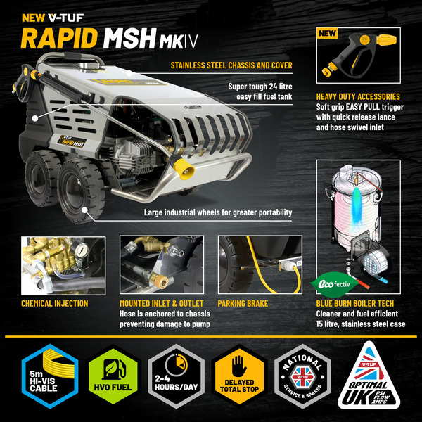 V-TUF RAPID MSH 240v Professional Hot Water Industrial Mobile Pressure Washer - 120Bar, 9L/min