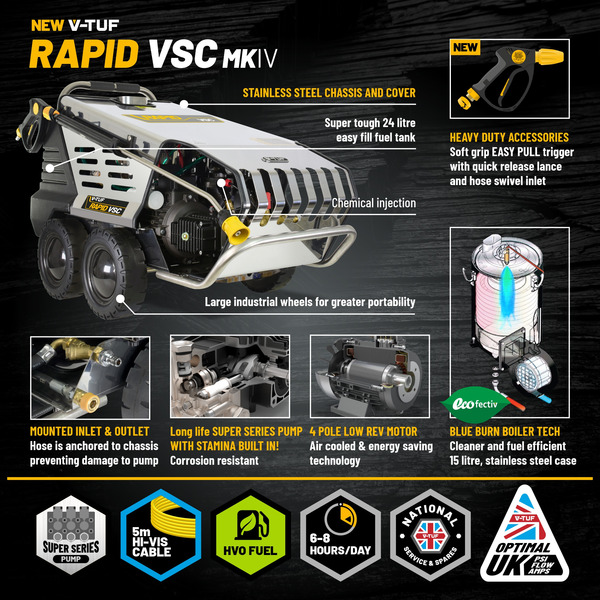V-TUF RAPID VSC 240v Hot Water Stainless Industrial Mobile Pressure Washer - 1500psi, 100Bar, 12L/min